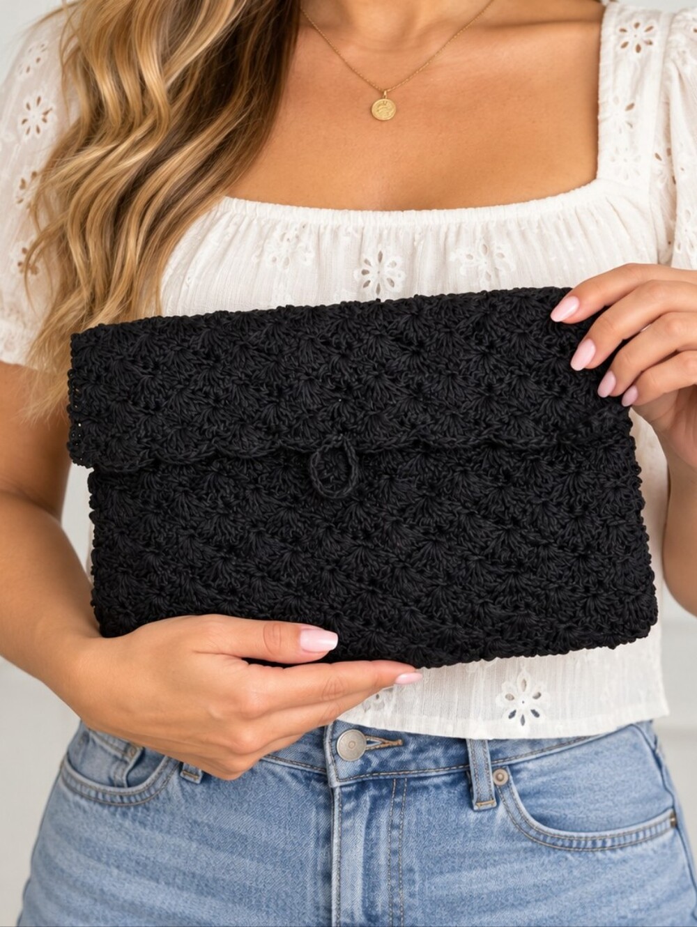Vintage Handmade Black Crochet Clutch Purse Barbara Jackson Floral Pocket
